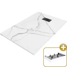HD Marco+ White Marble 120x90 SMC kompozit magasított szögletes kőhatású zuhanytálca, fekete ráccsal, 15 cm magas, szifon nélkül