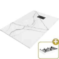   HD Marco+ White Marble 100x80/120x90 SMC kompozit magasított szögletes kőhatású zuhanytálca, fekete ráccsal, 15 cm magas, szifon nélkül