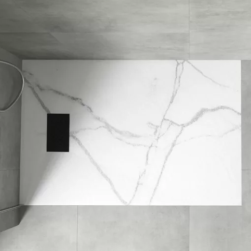 HD Marco+ White Marble 120x90 SMC kompozit magasított szögletes kőhatású zuhanytálca, fekete ráccsal, 15 cm magas, szifon nélkül