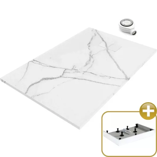 HD Marco White Marble 120x90 SMC kompozit magasított szögletes kőhatású zuhanytálca, 15 cm magas, szifonnal