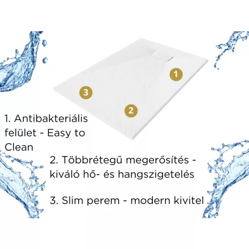 HD Marco White 70x100 SMC kompozit magasított szögletes kőhatású zuhanytálca, 15 cm magas, szifon nélkül
