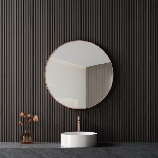 HD Lucy Brushed Copper 80 cm széles fürdőszobai kerek fali tükör, szálcsiszolt réz színű alumínium kerettel