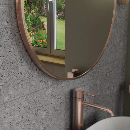HD Lucy Brushed Copper 60x60 cm széles fürdőszobai kerek fali tükör, szálcsiszolt réz színű alumínium kerettel