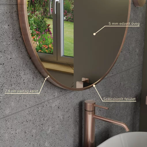 HD Lucy Brushed Copper 60x60 cm széles fürdőszobai kerek fali tükör, szálcsiszolt réz színű alumínium kerettel