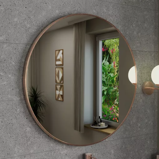 HD Lucy Brushed Copper 80x80 cm széles fürdőszobai kerek fali tükör, szálcsiszolt réz színű alumínium kerettel