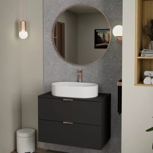 HD Lucy Brushed Copper 80x80 cm széles fürdőszobai kerek fali tükör, szálcsiszolt réz színű alumínium kerettel