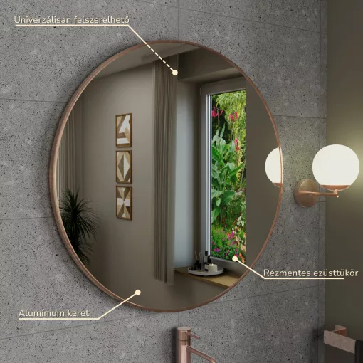 HD Lucy Brushed Copper 80x80 cm széles fürdőszobai kerek fali tükör, szálcsiszolt réz színű alumínium kerettel