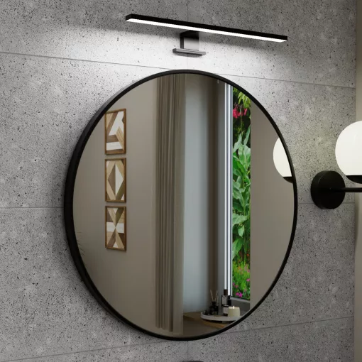 HD Lucy Black 60x60 cm széles fürdőszobai kerek fali tükör, fekete színű alumínium kerettel és LED lámpával