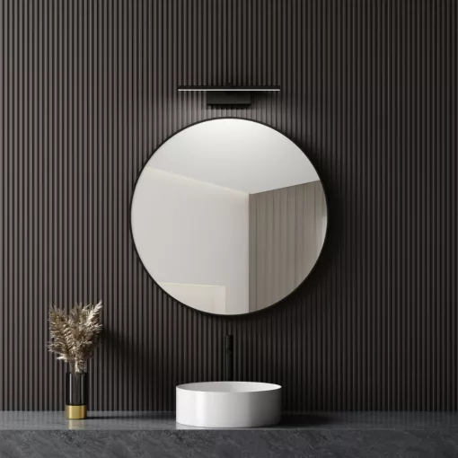 HD Lucy Black 80 cm széles fürdőszobai kerek fali tükör, fekete színű alumínium kerettel és LED lámpával