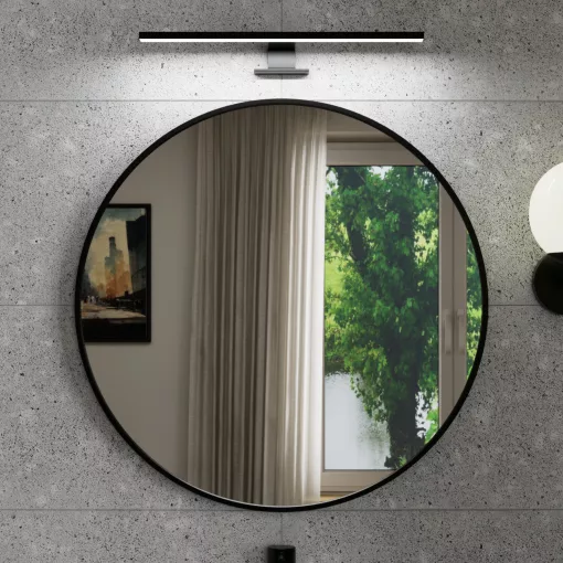 HD Lucy Black 60x60 cm széles fürdőszobai kerek fali tükör, fekete színű alumínium kerettel és LED lámpával