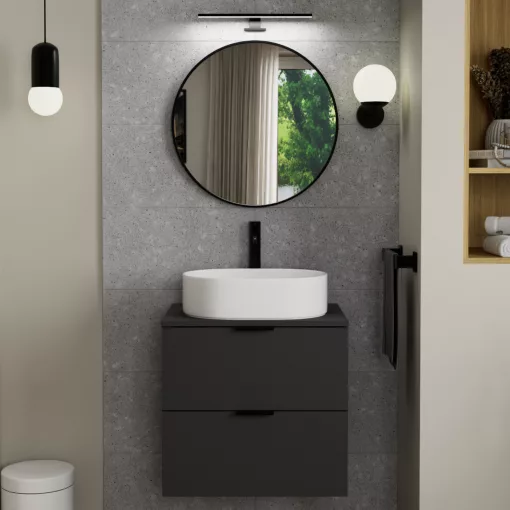 HD Lucy Black 60x60 cm széles fürdőszobai kerek fali tükör, fekete színű alumínium kerettel és LED lámpával