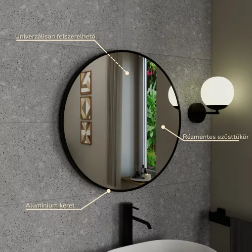 HD Lucy Black 60x60 cm széles fürdőszobai kerek fali tükör, fekete színű alumínium kerettel és LED lámpával