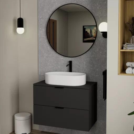 HD Lucy Black 80x80 cm széles fürdőszobai kerek fali tükör, fekete színű alumínium kerettel
