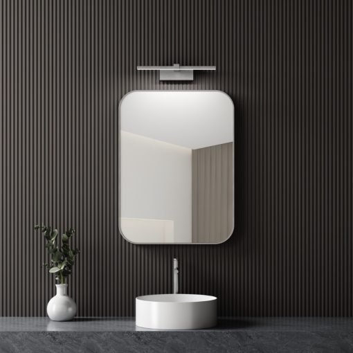 HD Kim Chrome 60 cm széles fürdőszobai szögletes szögletes fali tükör, krómozott alumínium kerettel és LED lámpával