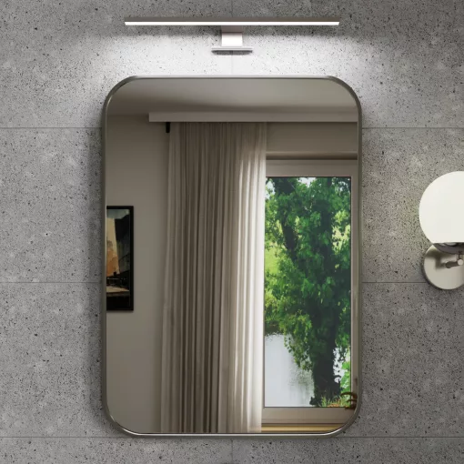 HD Kim Chrome 50x70 cm széles fürdőszobai szögletes fali tükör, szálcsiszolt alumínium kerettel és LED lámpával