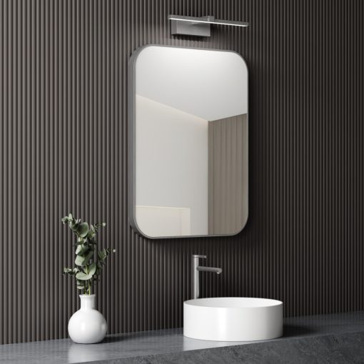 HD Kim Chrome 60 cm széles fürdőszobai szögletes szögletes fali tükör, krómozott alumínium kerettel és LED lámpával