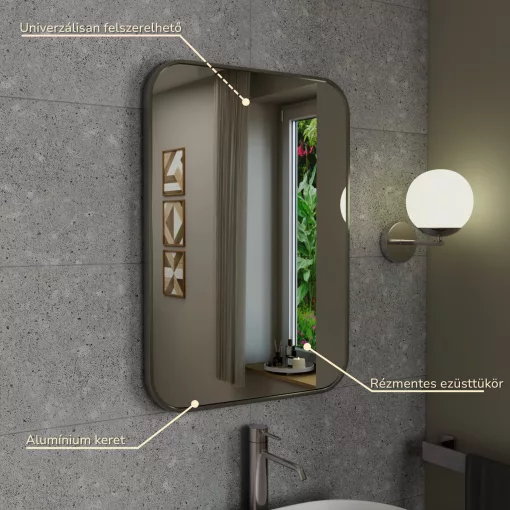 HD Kim Chrome 50x70 cm széles fürdőszobai szögletes fali tükör, szálcsiszolt alumínium kerettel és LED lámpával