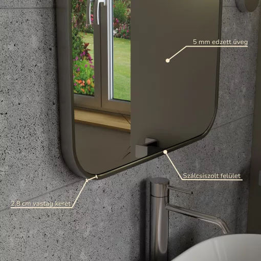 HD Kim Chrome 50x70 cm széles fürdőszobai szögletes fali tükör, szálcsiszolt alumínium kerettel és LED lámpával