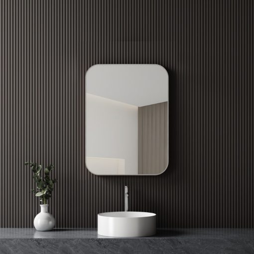 HD Kim Chrome 60 cm széles fürdőszobai szögletes fali tükör, szálcsiszolt ezüst alumínium kerettel