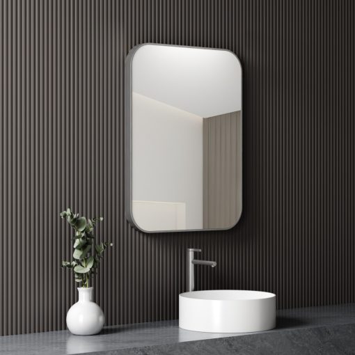 HD Kim Chrome 60 cm széles fürdőszobai szögletes fali tükör, szálcsiszolt ezüst alumínium kerettel