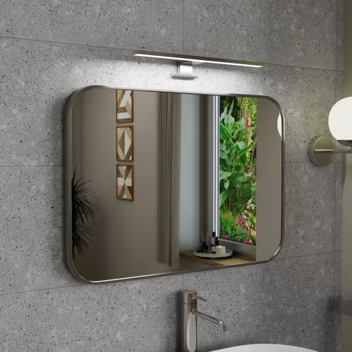 HD Kim Chrome 70x50 cm széles fürdőszobai szögletes fali tükör, krómozott alumínium kerettel és LED lámpával