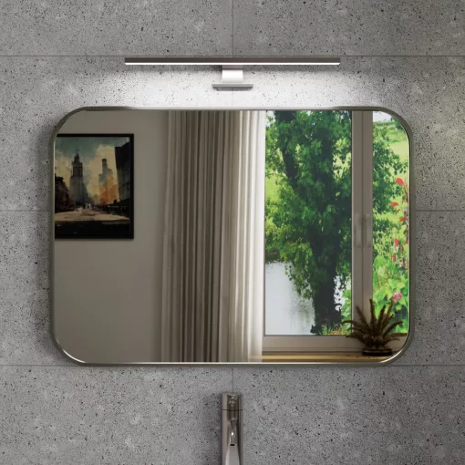 HD Kim Chrome 70x50 cm széles fürdőszobai szögletes fali tükör, krómozott alumínium kerettel és LED lámpával