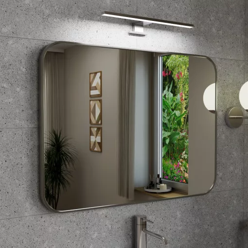 HD Kim Chrome 80x60 cm széles fürdőszobai szögletes fali tükör, krómozott alumínium kerettel és LED lámpával
