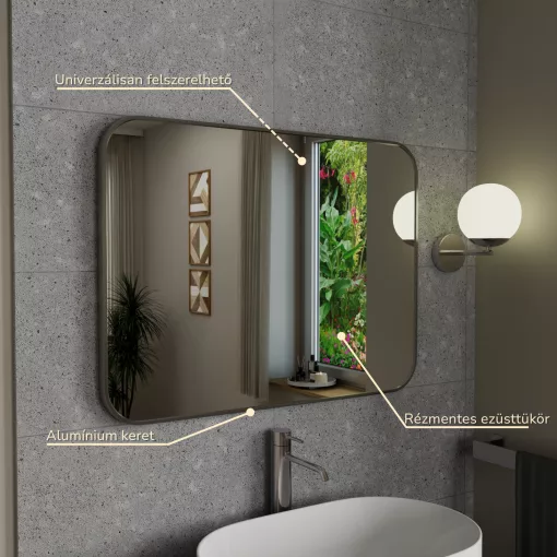 HD Kim Chrome 80x60 cm széles fürdőszobai szögletes fali tükör, krómozott alumínium kerettel és LED lámpával
