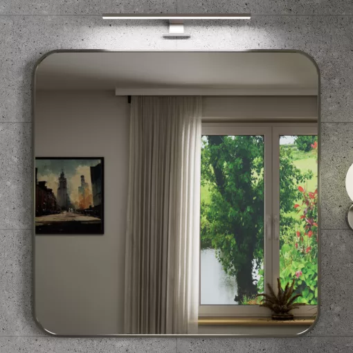 HD Kim Brushed Chrome 80x80 cm széles fürdőszobai fali szögletes tükör, szálcsiszolt króm színű alumínium kerettel és LED lámpával