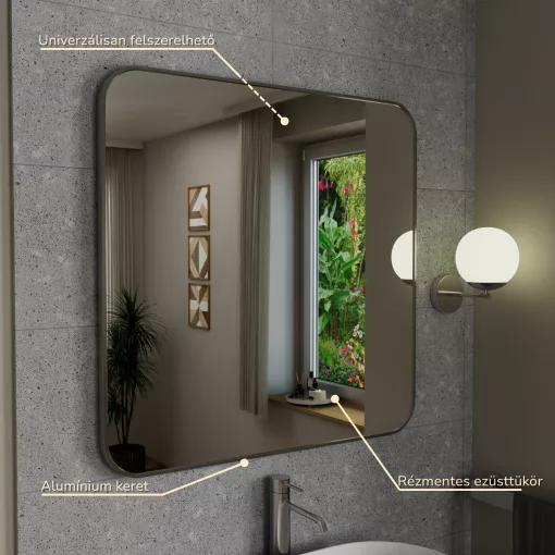 HD Kim Brushed Chrome 80x80 cm széles fürdőszobai fali szögletes tükör, szálcsiszolt króm színű alumínium kerettel és LED lámpával