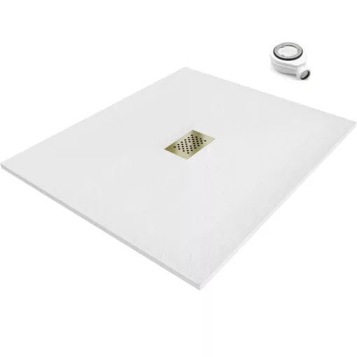 HD Marco+ White 120x100 SMC kompozit slim szögletes kőhatású zuhanytálca, arany színű ráccsal, 2,6 cm magas, szifonnal