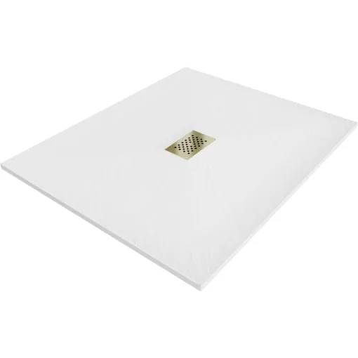 HD Marco+ White 100x110 SMC kompozit slim szögletes kőhatású zuhanytálca, arany színű ráccsal, 2,6 cm magas, szifon nélkül
