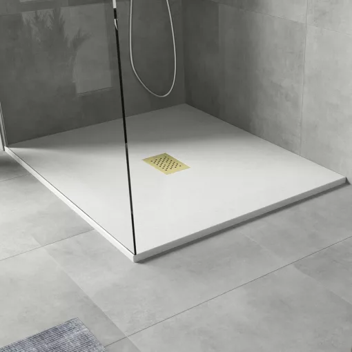 HD Marco+ White 100x110 SMC kompozit slim szögletes kőhatású zuhanytálca, arany színű ráccsal, 2,6 cm magas, szifon nélkül
