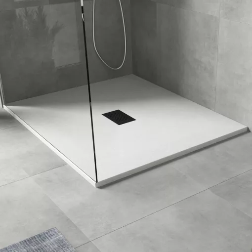 HD Marco+ White 100x120 SMC kompozit slim szögletes kőhatású zuhanytálca, fekete ráccsal, 2,6 cm magas, szifonnal