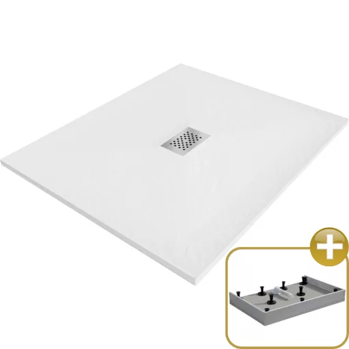 HD Marco+ White 110x100 SMC kompozit magasított szögletes kőhatású zuhanytálca, krómozott ráccsal, 15 cm magas, szifon nélkül