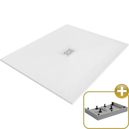 HD Marco+ White 110x100 SMC kompozit magasított szögletes kőhatású zuhanytálca, fehér ráccsal, 15 cm magas, szifon nélkül