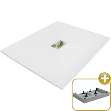HD Marco+ White 110x100 SMC kompozit magasított szögletes kőhatású zuhanytálca, arany színű ráccsal, 15 cm magas, szifon nélkül
