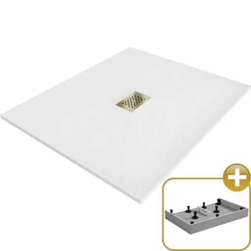 HD Marco+ White 110x100 SMC kompozit magasított szögletes kőhatású zuhanytálca, arany színű ráccsal, 15 cm magas, szifon nélkül