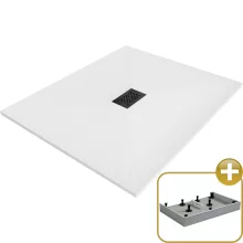 HD Marco+ White 110x100 SMC kompozit magasított szögletes kőhatású zuhanytálca, fekete ráccsal, 15 cm magas, szifon nélkül