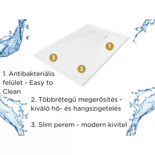 HD Marco White 120x80 SMC kompozit slim szögletes kőhatású zuhanytálca, 2,6 cm magas, szifon nélkül