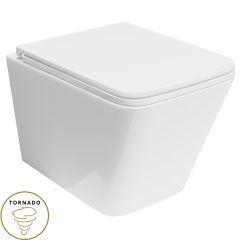   HD Adel Glossy White Ultracsendes Tornado perem nélküli mély öblítésű szögletes fali WC slim "D" tetővel és fényes króm zsanérral