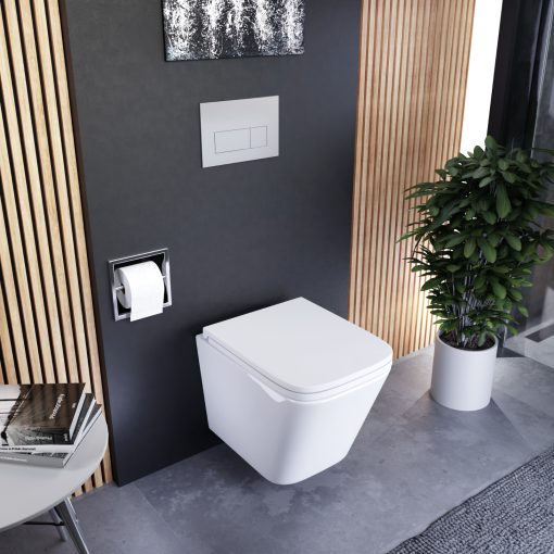 HD Adel Glossy White Ultracsendes Tornado perem nélküli mély öblítésű szögletes fali WC slim "D" tetővel és fényes króm zsanérral