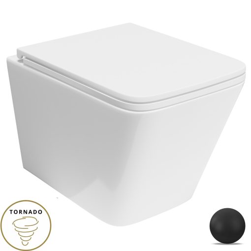 HD Adel Glossy White Ultracsendes Tornado perem nélküli mély öblítésű szögletes fali WC slim "D" tetővel és matt fekete zsanérral