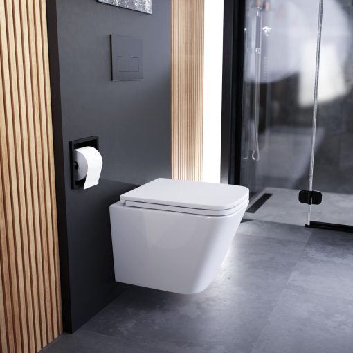 HD Adel Glossy White Ultracsendes Tornado perem nélküli mély öblítésű szögletes fali WC slim "D" tetővel és matt fekete zsanérral