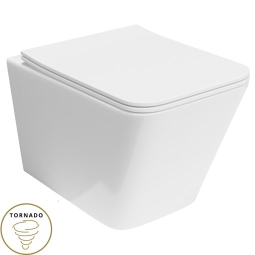 HD Adel Glossy White Ultracsendes Tornado perem nélküli mély öblítésű szögletes fali WC slim "S" tetővel és fényes króm zsanérral