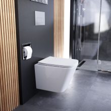 HD Adel Glossy White Ultracsendes Tornado perem nélküli mély öblítésű szögletes fali WC slim "S" tetővel és fényes króm zsanérral