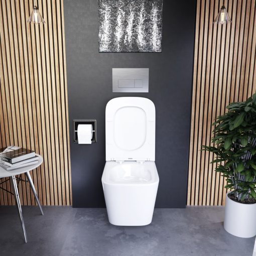 HD Adel Glossy White Ultracsendes Tornado perem nélküli mély öblítésű szögletes fali WC slim "S" tetővel és fényes króm zsanérral