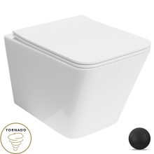 HD Adel Glossy White Ultracsendes Tornado perem nélküli mély öblítésű szögletes fali WC slim "S" tetővel és matt fekete zsanérral