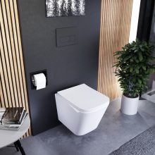 HD Adel Glossy White Ultracsendes Tornado perem nélküli mély öblítésű szögletes fali WC slim "S" tetővel és matt fekete zsanérral
