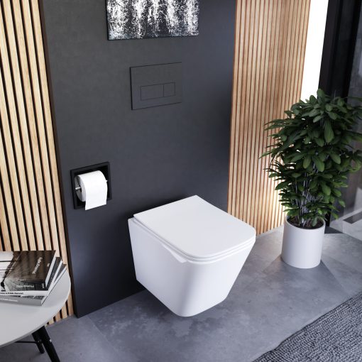 HD Adel Glossy White Ultracsendes Tornado perem nélküli mély öblítésű szögletes fali WC slim "S" tetővel és matt fekete zsanérral